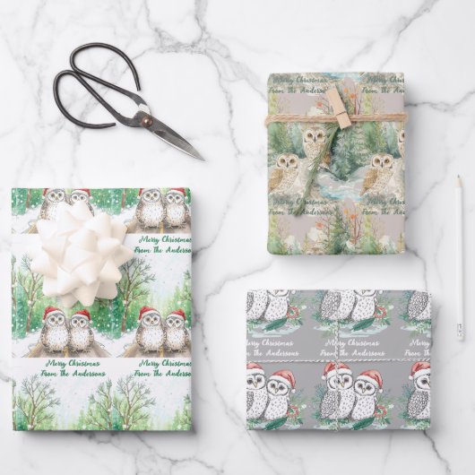 Christmas Owl Wrapping Paper Flat Sheet Set of 3 ラッピングペーパーシート (正面)