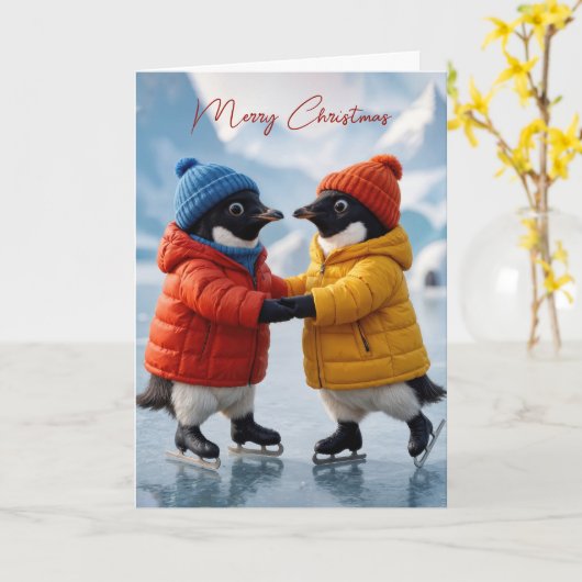 Christmas Pair of Penguins Ice Skating  カード (黄色い花)