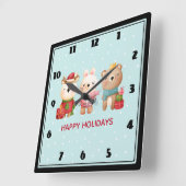 Christmas Pals - Reindeer Bear & Rabbit スクエア壁時計 (傾斜)