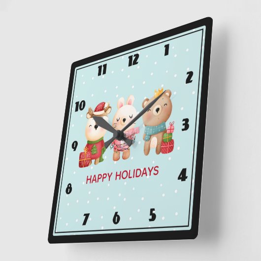 Christmas Pals - Reindeer Bear & Rabbit スクエア壁時計 (傾斜)