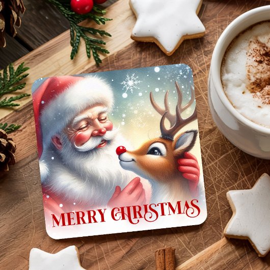 Christmas Paper Coasters Cute Santa and Rudolph スクエアペーパーコースター