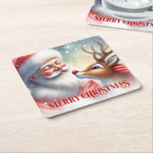 Christmas Paper Coasters Cute Santa and Rudolph スクエアペーパーコースター (アングル)