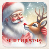Christmas Paper Coasters Cute Santa and Rudolph スクエアペーパーコースター (正面)