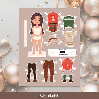 Christmas Paper Doll Brunette Girl Winter Dress