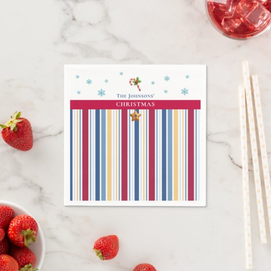Christmas Paper Napkins – Blue, Red & Gold Stripes スタンダードカクテルナプキン (インサイチュ)