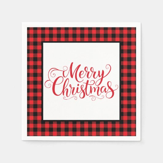 Christmas Paper Napkins Red & Black Buffalo Plaid スタンダードカクテルナプキン (正面)