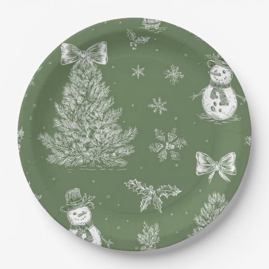 Christmas paper plate green toile ペーパープレート (正面)