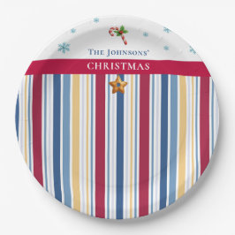 Christmas Paper Plates – Blue, Red & Gold Stripes ペーパープレート