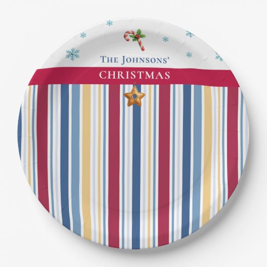 Christmas Paper Plates – Blue, Red & Gold Stripes ペーパープレート (正面)