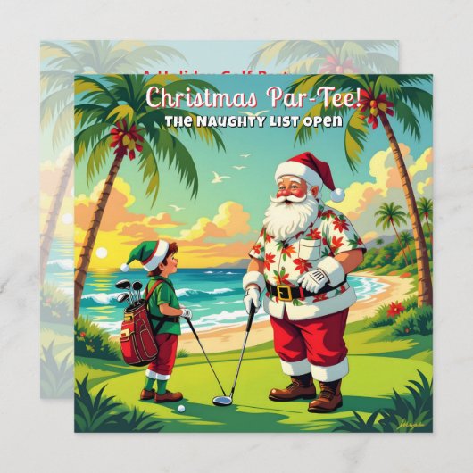 Christmas Par-Tee Fun Tropical Golf Santa Party SQ 招待状 (正面/裏面)