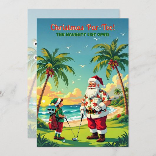 Christmas Par-Tee Funny Tropical Golf Santa Party 招待状 (正面/裏面)