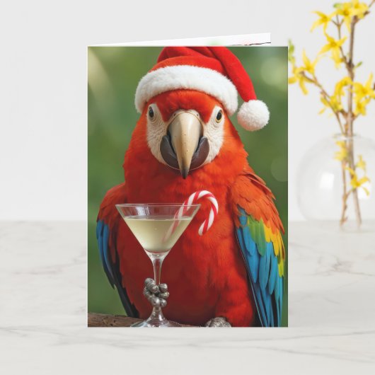 Christmas Parrot Holding a Cocktail カード (黄色い花)