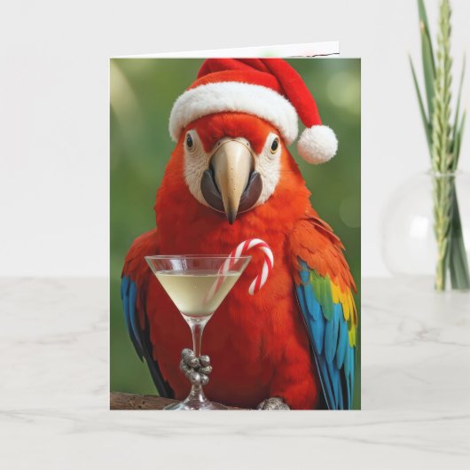 Christmas Parrot Holding a Cocktail カード (正面)