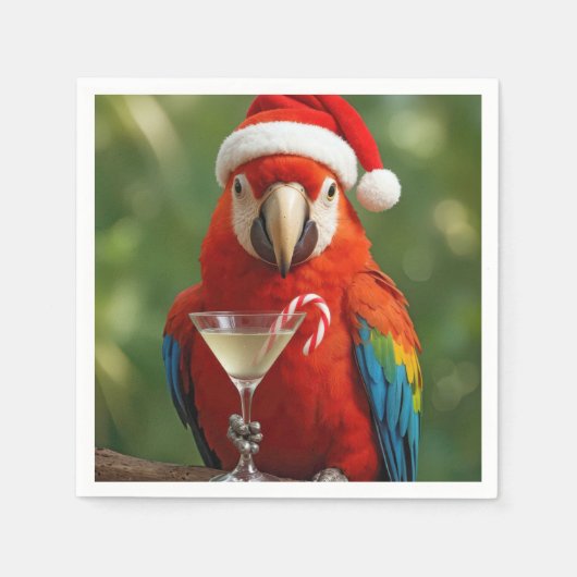 Christmas Parrot Holding a Cocktail スタンダードカクテルナプキン (正面)