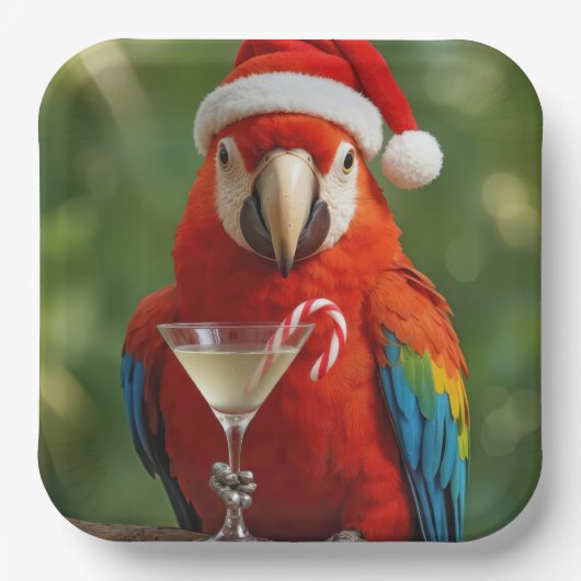 Christmas Parrot Holding a Cocktail ペーパープレート (正面)