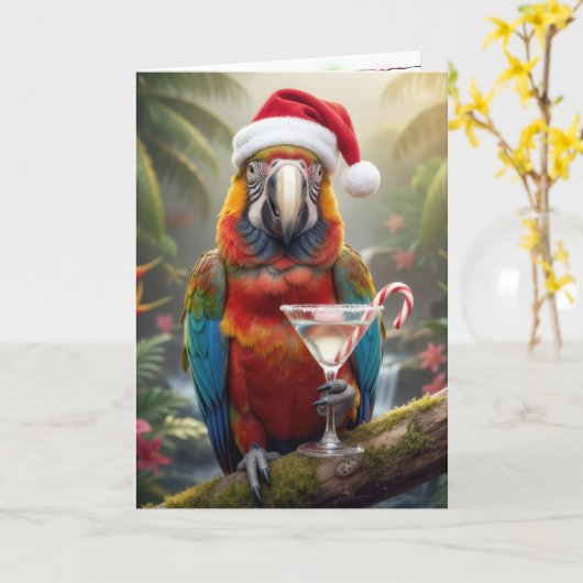 Christmas Parrot Holding a Martini Cocktail カード (黄色い花)