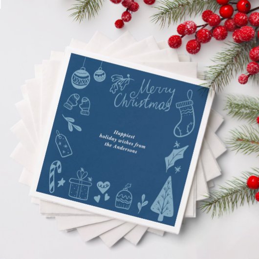 Christmas Party Blue Hand Drawn Doodles Festive スタンダードカクテルナプキン