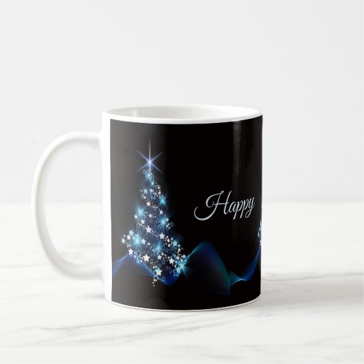 Christmas Party Blue Tree Shiny Black Elegant コーヒーマグカップ (左)