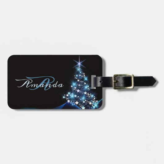 Christmas Party Blue Tree Shiny Black Elegant ラゲッジタグ (正面横)