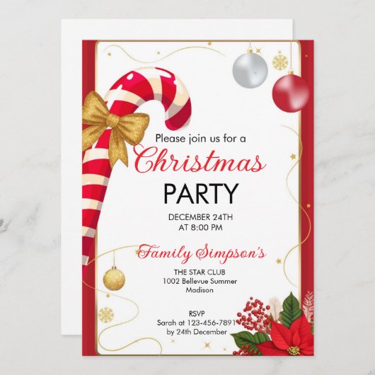 Christmas Party Candy Cane 招待状 (正面/裏面)