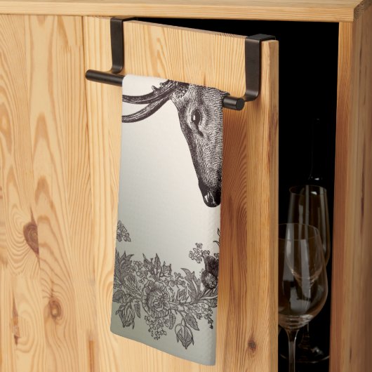 Christmas Party Floral Reindeer Golden Winter キッチンタオル (三つ折り)