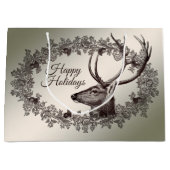Christmas Party Floral Reindeer Golden Winter ラージペーパーバッグ (正面)