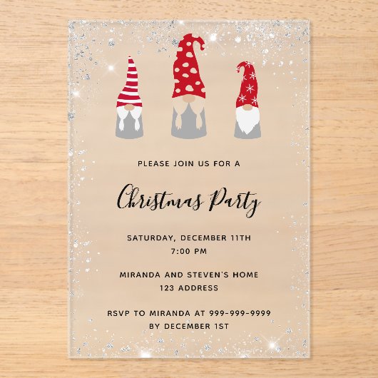 Christmas party gnomes glitter frosted invitation アクリル招待状 (正面)