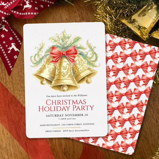 Christmas party golden bells and red bow art 箔招待状