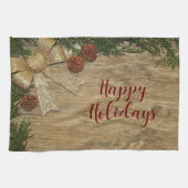 Christmas Party Golden Green Leaves Red Rustic キッチンタオル (横)