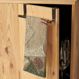 Christmas Party Golden Green Leaves Red Rustic キッチンタオル