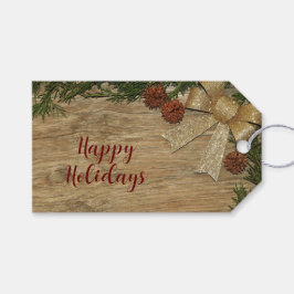 Christmas Party Golden Green Leaves Red Rustic ギフトタグ