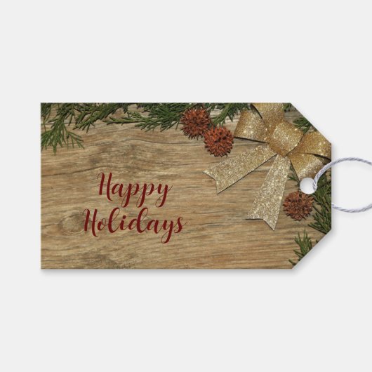 Christmas Party Golden Green Leaves Red Rustic ギフトタグ (正面(横))