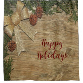 Christmas Party Golden Green Leaves Red Rustic シャワーカーテン (正面)