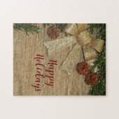 Christmas Party Golden Green Leaves Red Rustic ジグソーパズル (横)