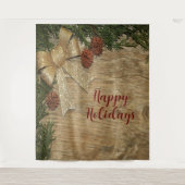 Christmas Party Golden Green Leaves Red Rustic タペストリー (正面)