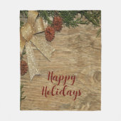 Christmas Party Golden Green Leaves Red Rustic フリースブランケット (正面)