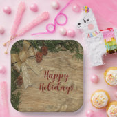 Christmas Party Golden Green Leaves Red Rustic ペーパープレート (パーティー)