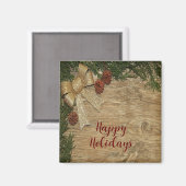 Christmas Party Golden Green Leaves Red Rustic マグネット (正面/裏面)