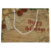 Christmas Party Golden Green Leaves Red Rustic ラージペーパーバッグ (正面)