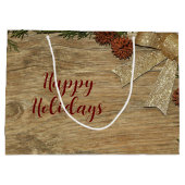 Christmas Party Golden Green Leaves Red Rustic ラージペーパーバッグ (裏面)