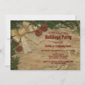 Christmas Party Golden Green Leaves Red Rustic 招待状 (正面)