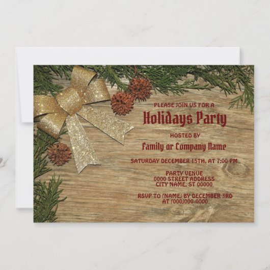 Christmas Party Golden Green Leaves Red Rustic 招待状 (正面)