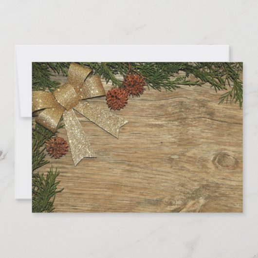 Christmas Party Golden Green Leaves Red Rustic 招待状 (裏面)