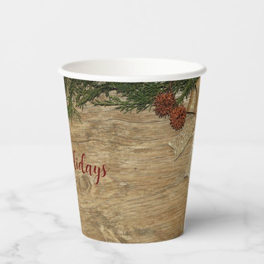Christmas Party Golden Green Leaves Red Rustic 紙コップ (裏面)