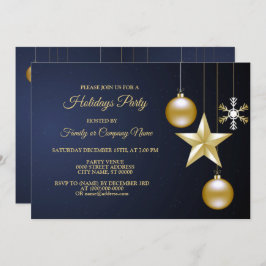 Christmas Party Golden Ornaments Navy Blue Elegant 招待状