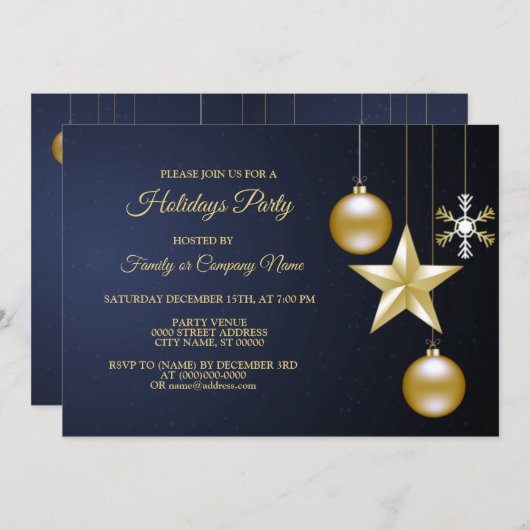 Christmas Party Golden Ornaments Navy Blue Elegant 招待状 (正面/裏面)
