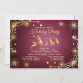 Christmas Party Golden Reindeers Red Pink Elegant 招待状 (正面)