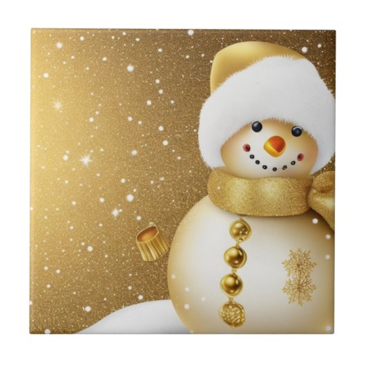 Christmas Party Golden Snowman Snowflakes Holidays タイル (正面)
