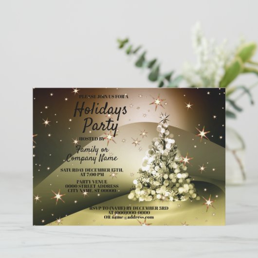 Christmas Party Golden Tree Shiny Sparkle Stars 招待状 (スタンド正面)