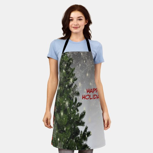 Christmas Party Green Tree Red Silver Snowflakes エプロン (着用した状態)
